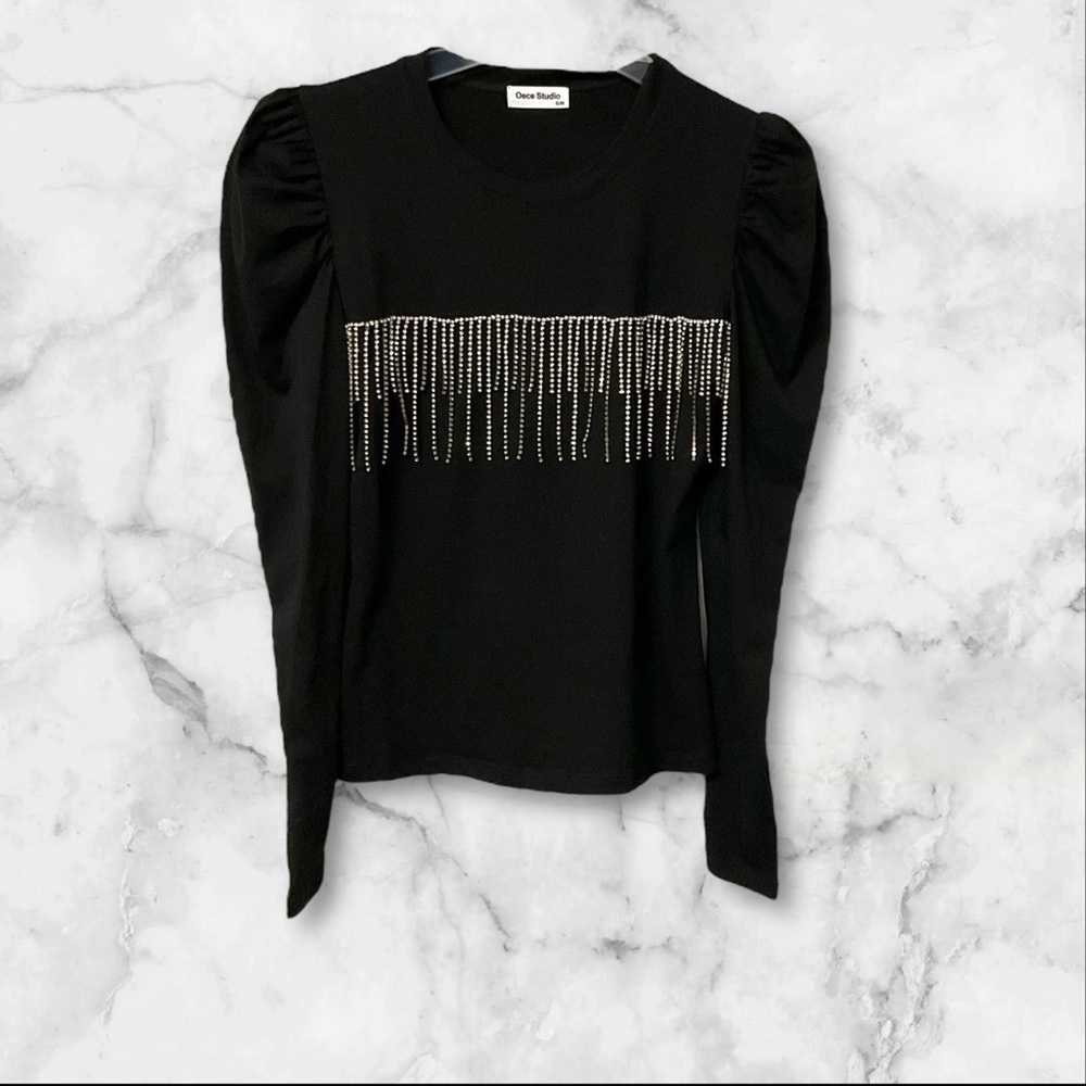 Oece Studio Black T-shirt S S/M Women Rhinestone Long Sleeve Women Western Biker